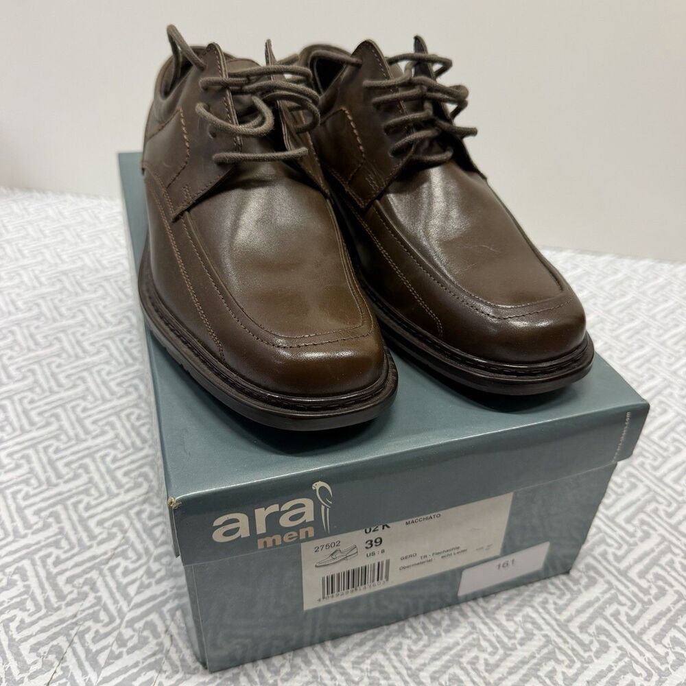 Ara Men Gero Brown Leather Derby Dress Shoes US 8 M Apron Toe Oxford Macchiato